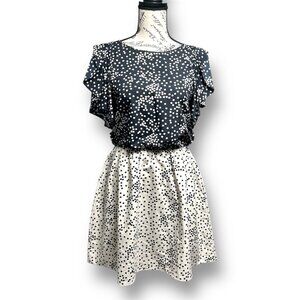 Armani Exchange S Black Beige Dress Ruffle Sleeves Polka Dot Elastic Waist Party